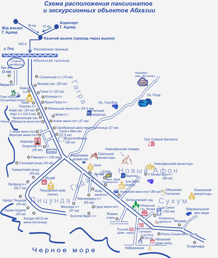 Схема расположения объектов отдыха Абхазии